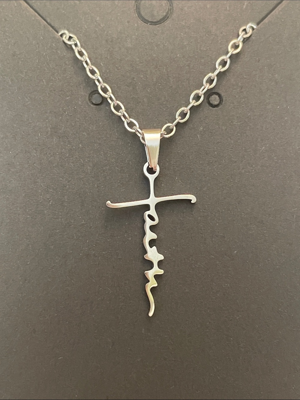 Stainless Steel Silver Cross Script Pendant “Faith” Necklace Loop Chain 20” 2”ex